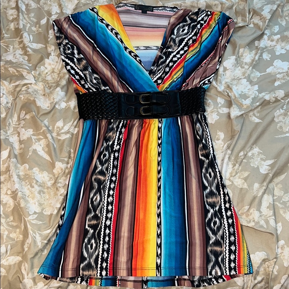 Vintage Mandee Colorful Striped Top with Black Belt Size Small
